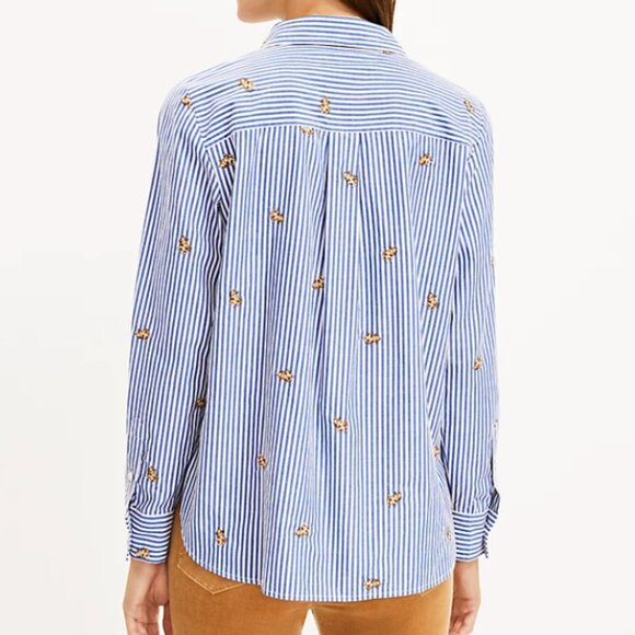 LOFT Dog Stripe Everyday Shirt Womens Sz S Cotton Preppy Embroidered NWT - Picture 3 of 6